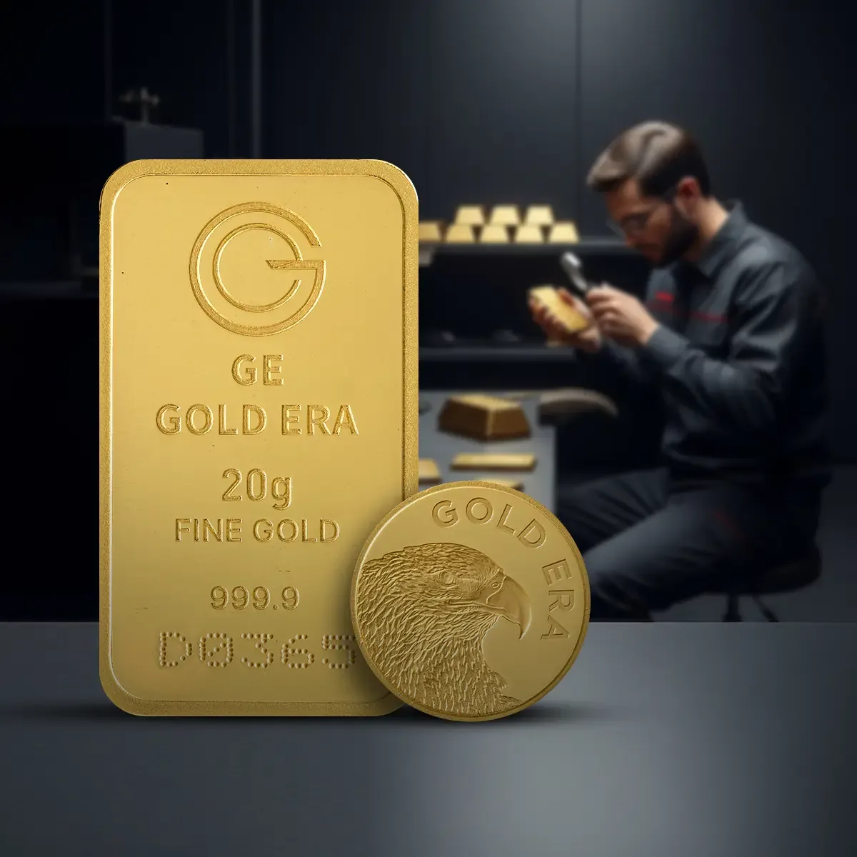 Inspector examining a fine gold bar and coin under magnification