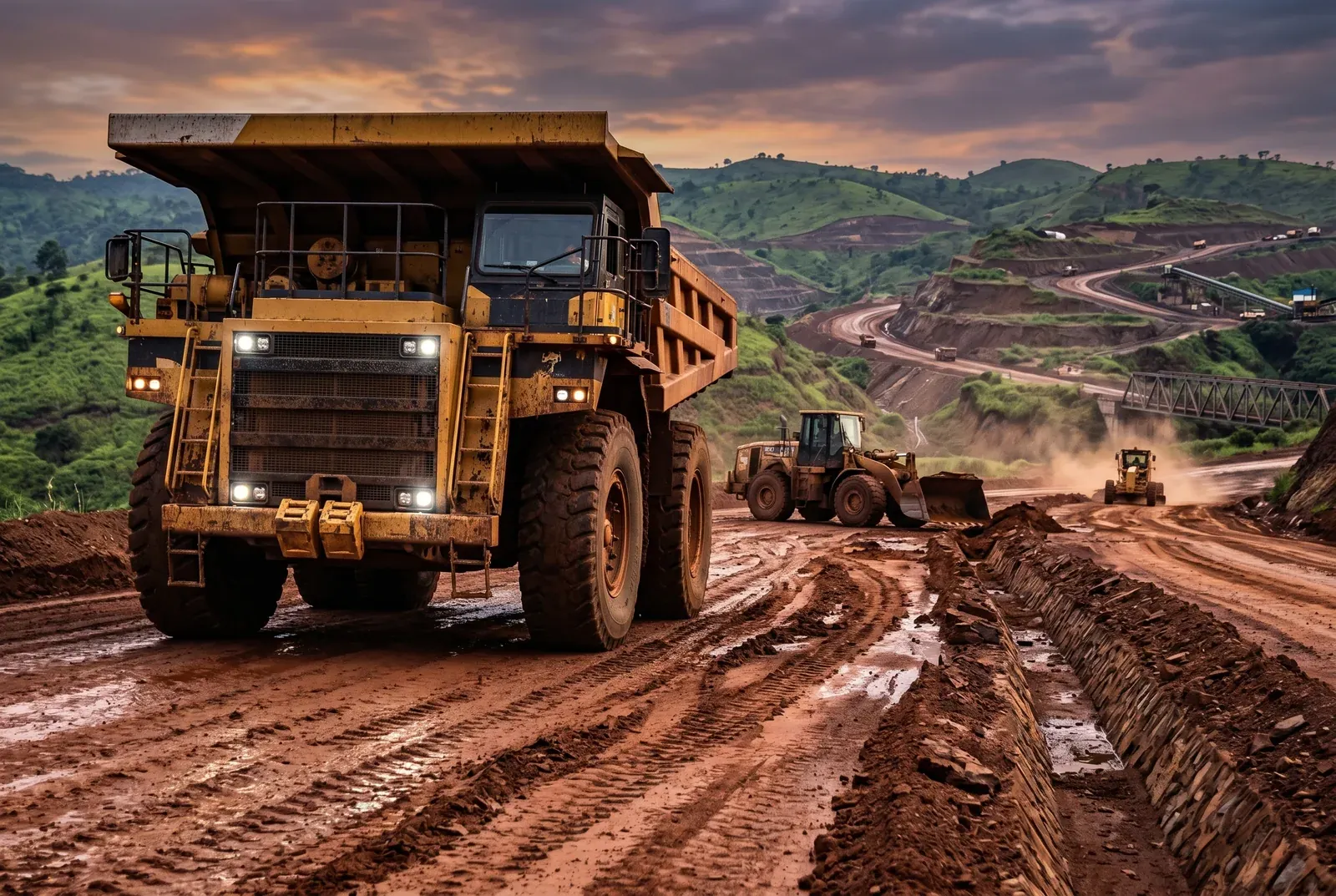 Heavy mining truck hauling ore at dusk