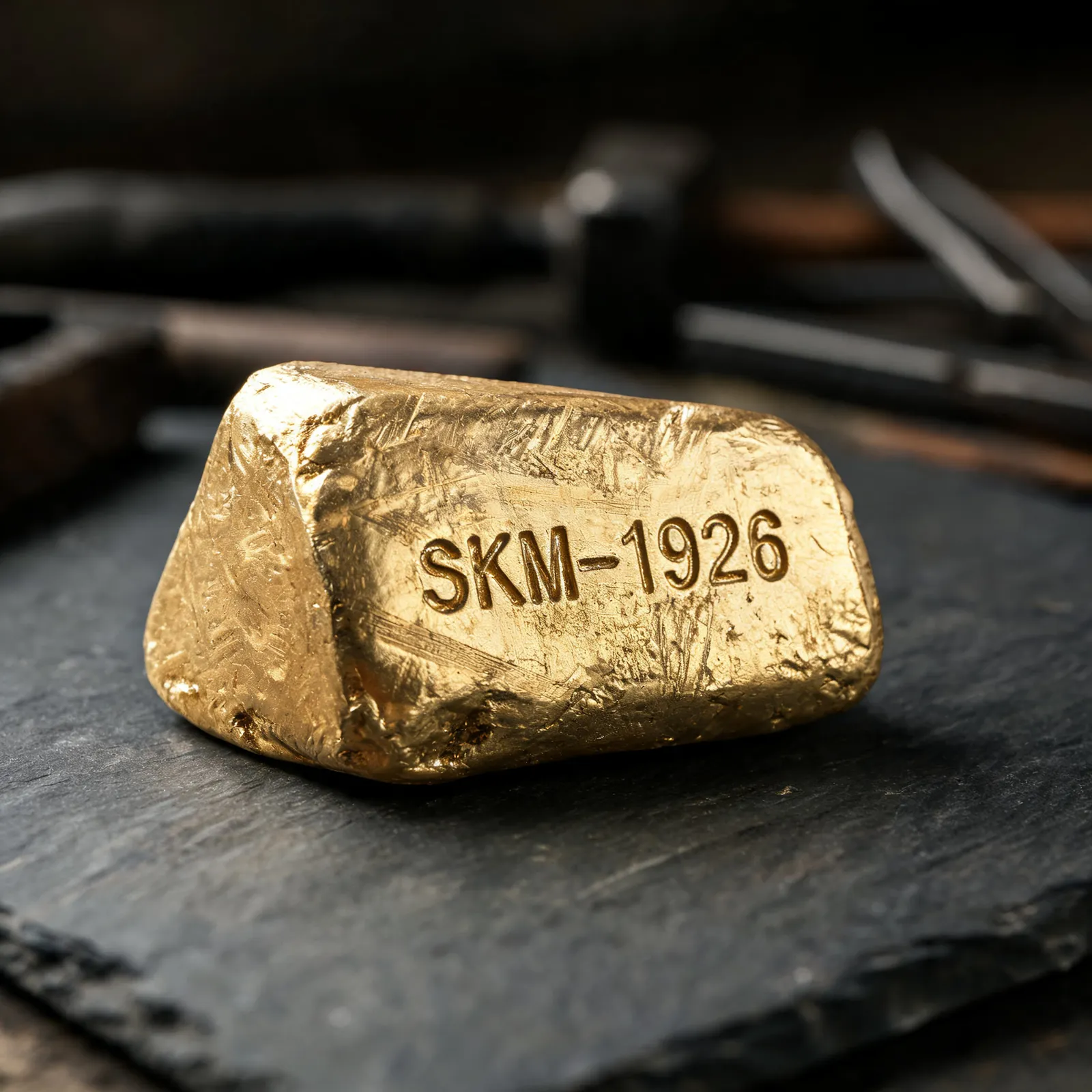 Raw gold nugget stamped SKM-1926 on dark slate